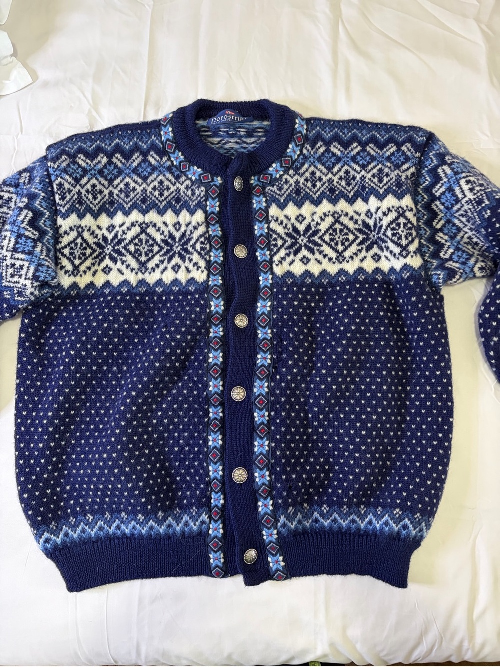 Nordic norwear 100% wool vintage women’s Blue Patterned Cardigan Sweater AS IS